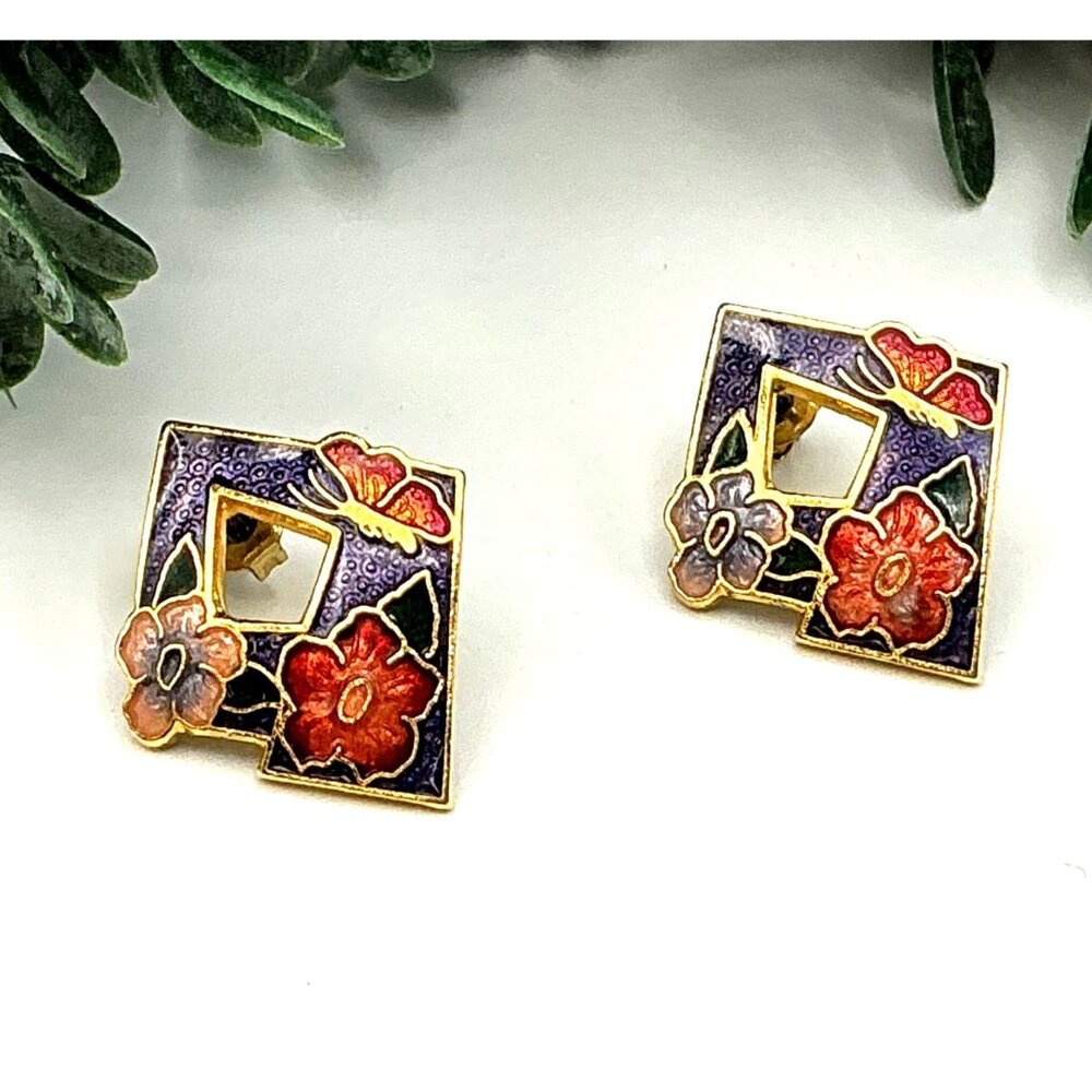 Vintage Cloisonné Square Earrings W/ Floral & Dragonfly Design In Gold-Tone Purp